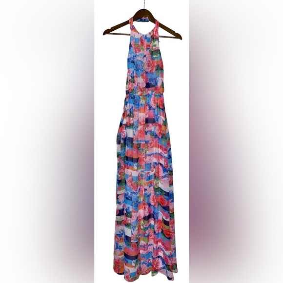 Jessica Simpson Women Halter Watercolor Size 4 Multicolor Maxi Dress‎ Wedding - Picture 1 of 4